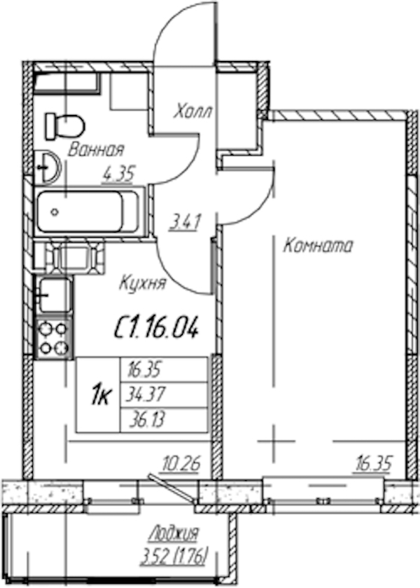 1-комнатная квартира 36.13 м², 16/22 эт., ЖК «Парк-квартал Юнтолово»